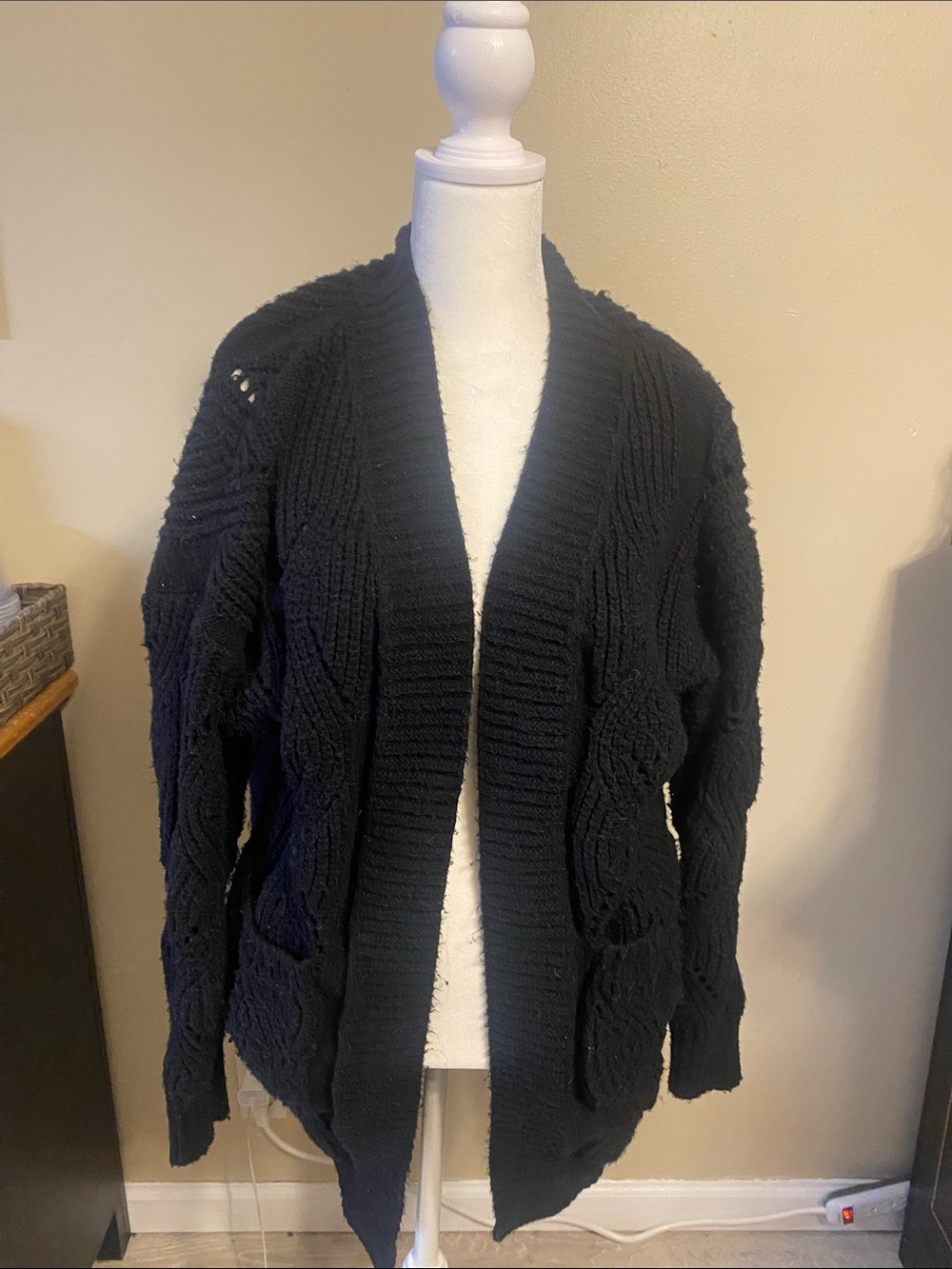 SHEIN Black Open-Front Cable Cardigan